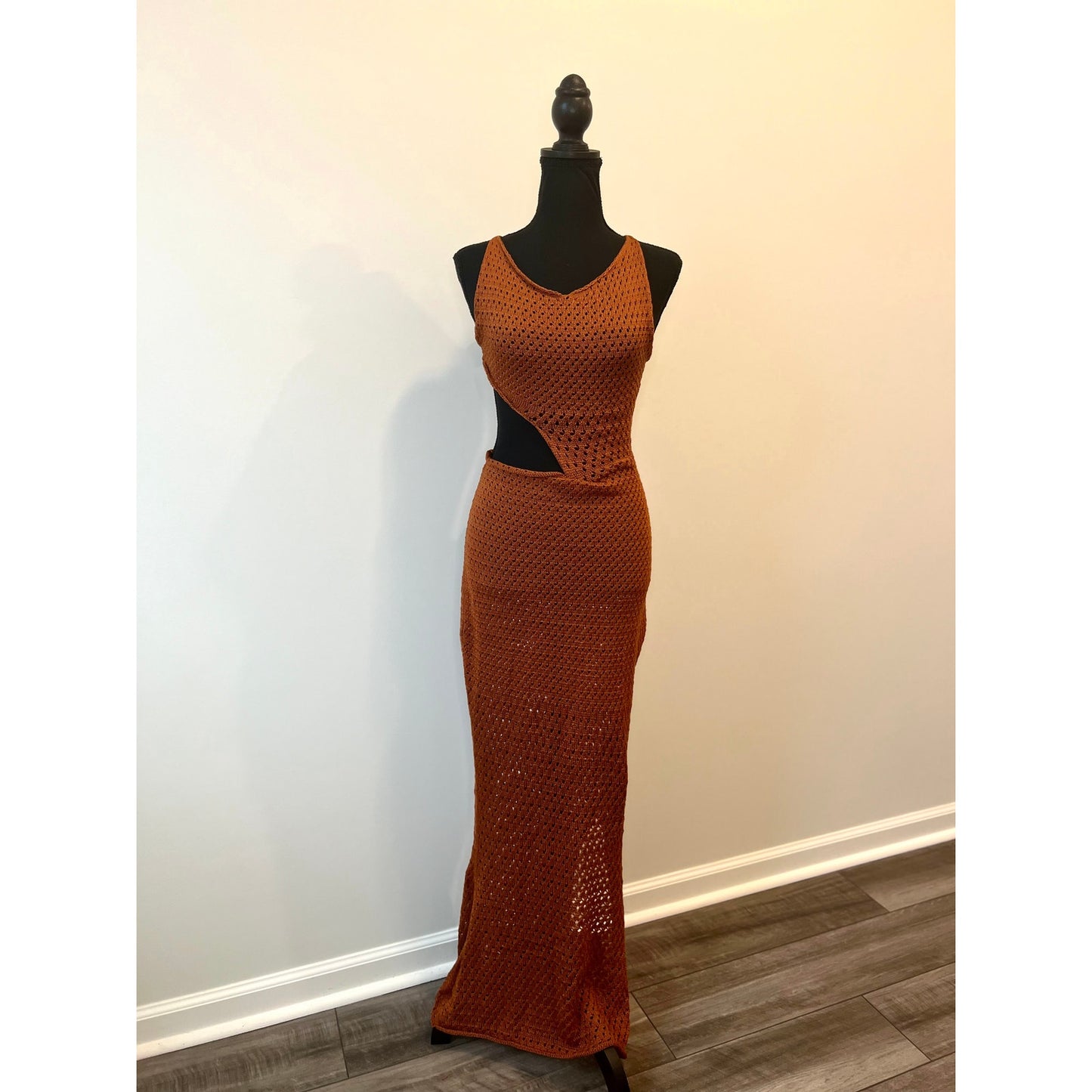 Savannah Morrow Tiva Maxi Dress in Terracotta Sz XL Sleeveless Open Knit Cutout