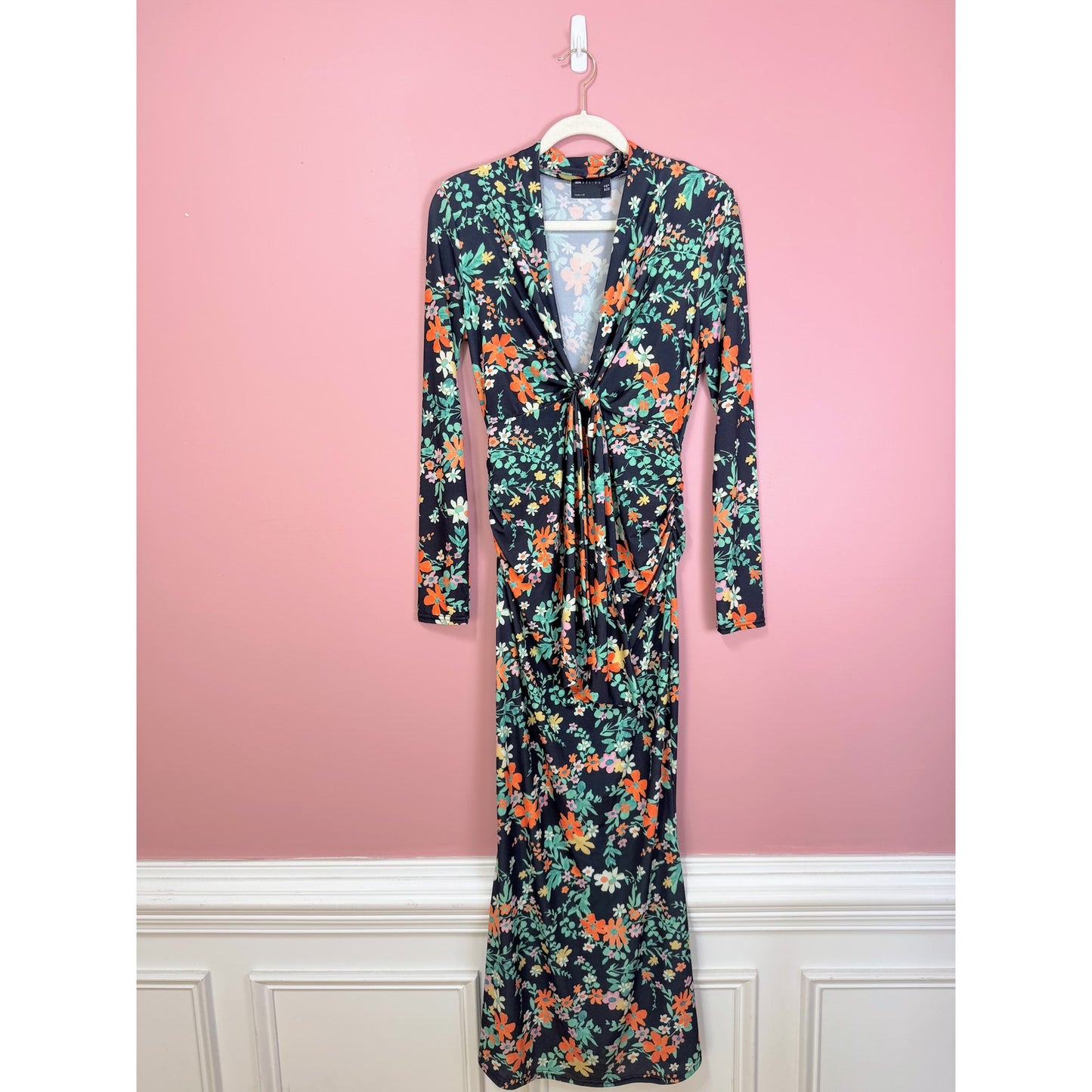 ASOS Design Tie Detail Plunge Maxi Dress Floral Print Size 8