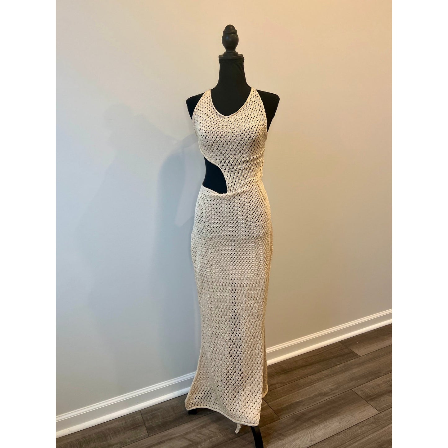 Savannah Morrow Tiva Maxi Dress in Cream Size XL Sleeveless Open Knit Cutout