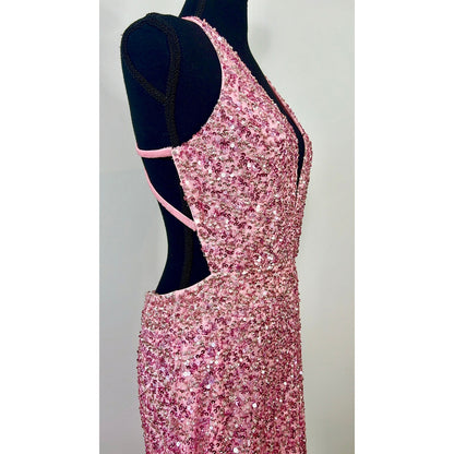 Mac Duggal Gown Maxi Dress in Pink Size 10 Strappy Beaded Column Sequin Cocktail