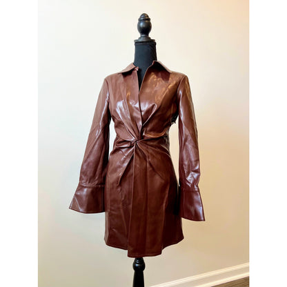 Cinq à Sept Vegan Leather McKenna Shirt Dress in Tobacco Sz 4 Long Sleeve Lined