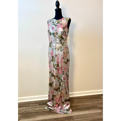 Eliza J Floral Sequined Gown Maxi Dress Size 12 Sleeveless Stretch Lined Formal