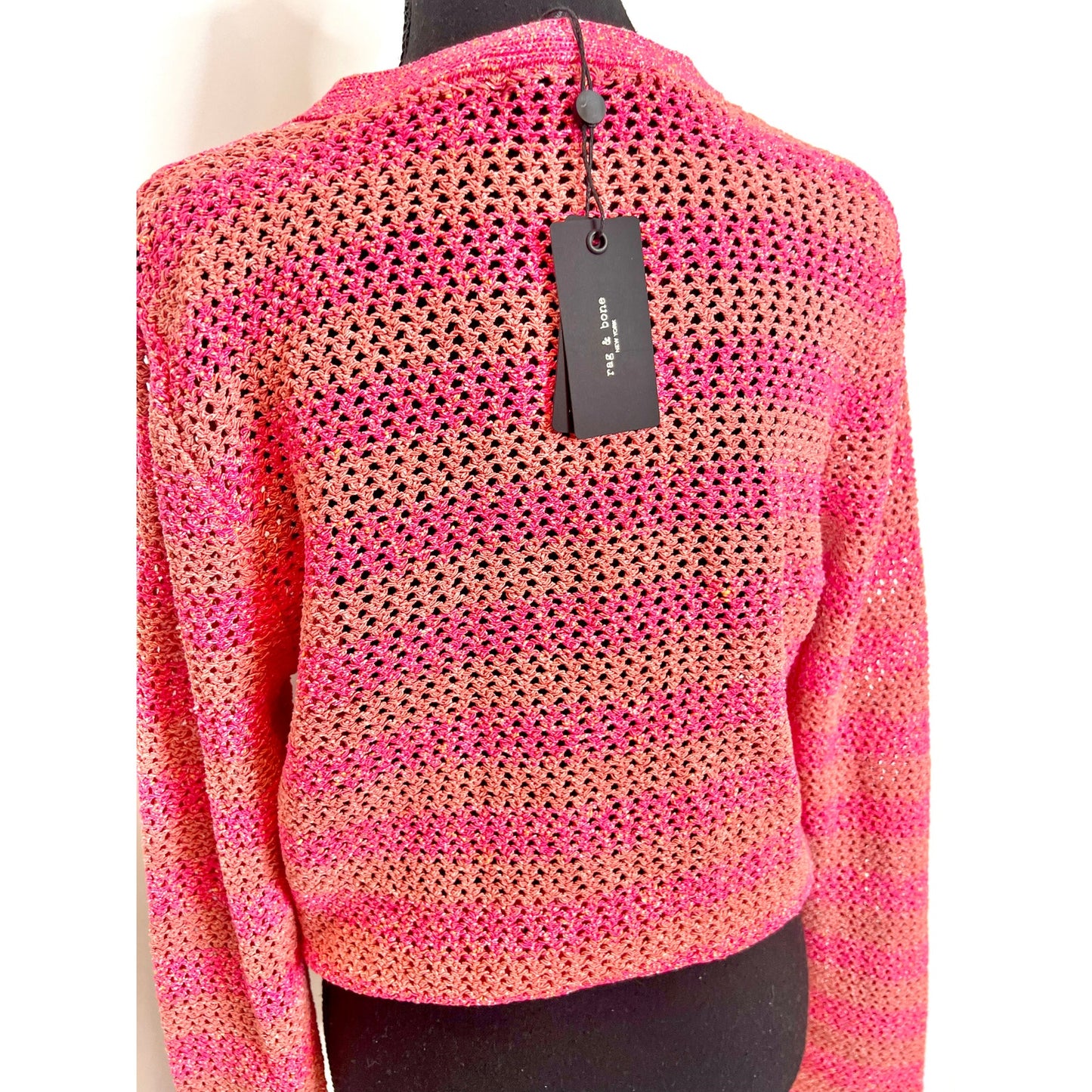 Rag & Bone Carson Cropped Crochet Cardigan Pink Multi Striped Large Button Front