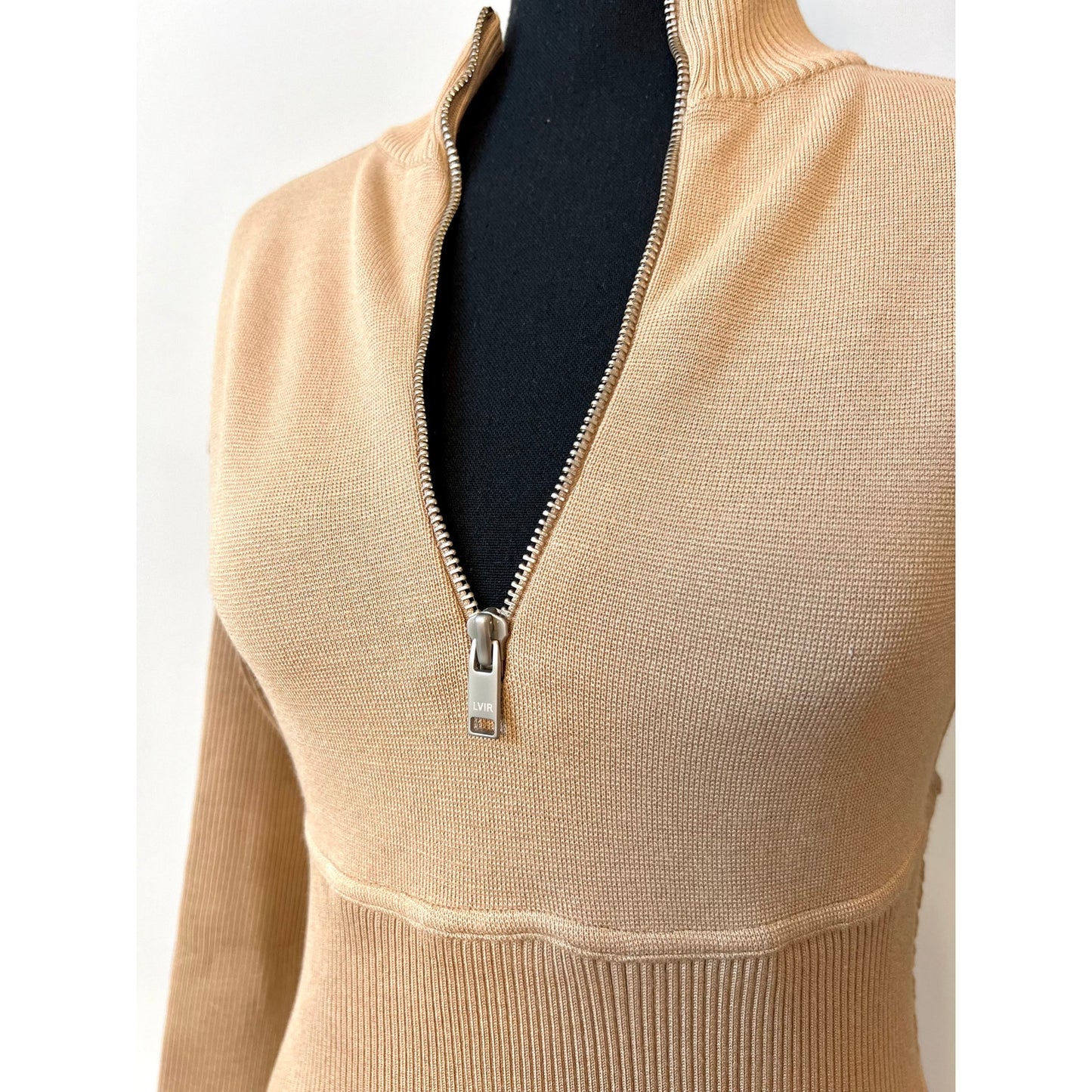 LVIR Womens Daytime Mini Ribbed Sweater Dress in Beige Small Knit Quarter Zip