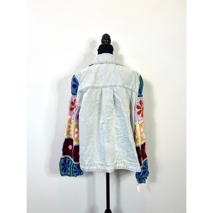 Blank NYC Young Love Jacket in Multi Medium Denim Floral Crochet Stretch Classic