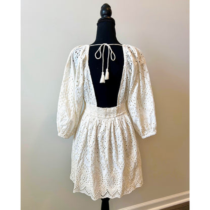 CleoBella Aria Mini Dress White Small Long Sleeve Embroidered Eyelet Tasseled