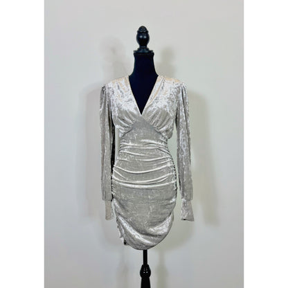 Steve Madden Kali Mini Dress in Silver Small Velvet Long Sleeve Ruched Lined