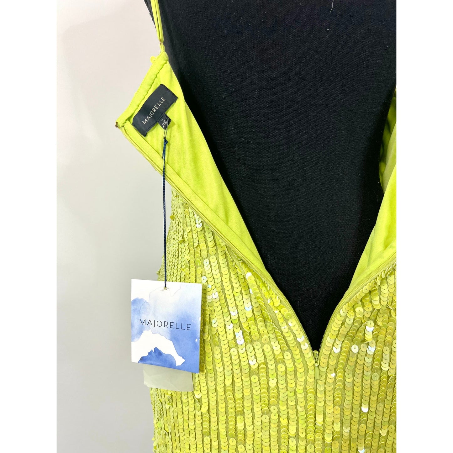 Majorelle Cal Embellished Mini Dress in Lime Green Medium Sequin Lined Cocktail