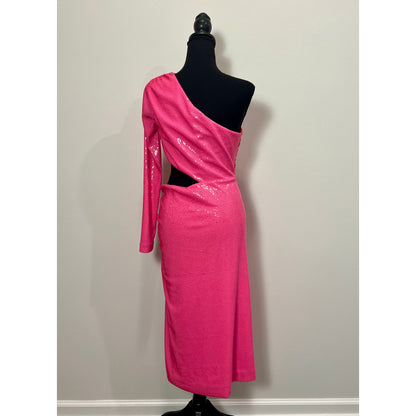 L'Agence Christie One Shoulder Dress in Pink Sequin Sz 6 Cutout Lined Side Slit