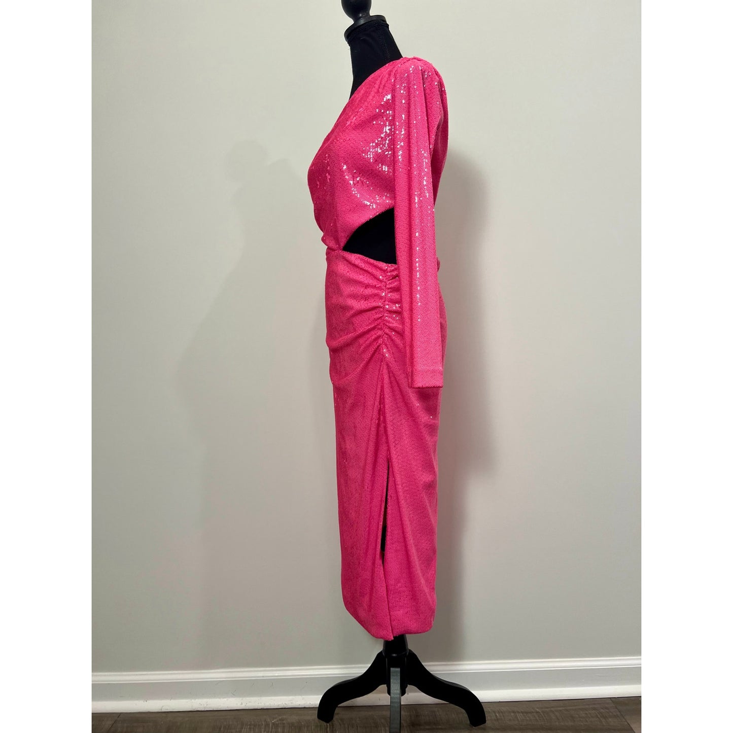 L'Agence Christie One Shoulder Dress in Pink Sequin Sz 6 Cutout Lined Side Slit