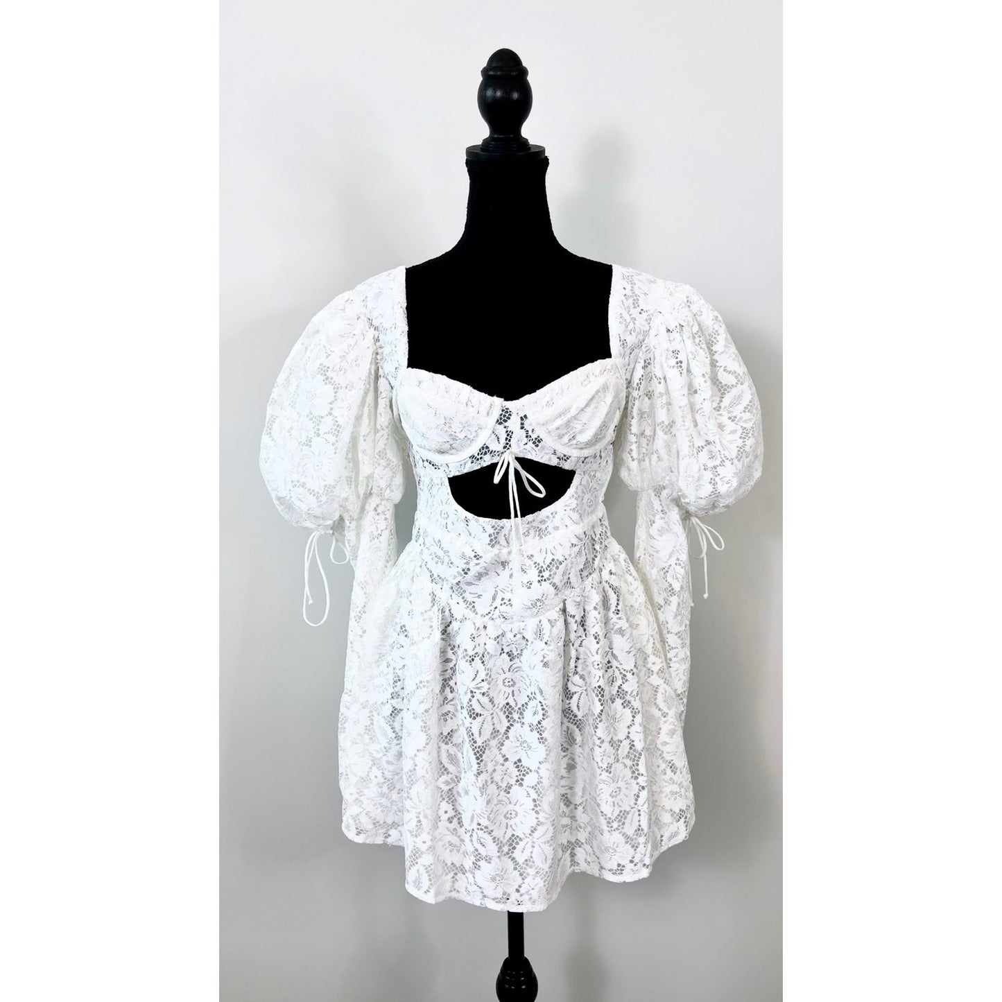 For Love & Lemons Frances Puff Sleeve Mini Dress in White Small Floral Cutout