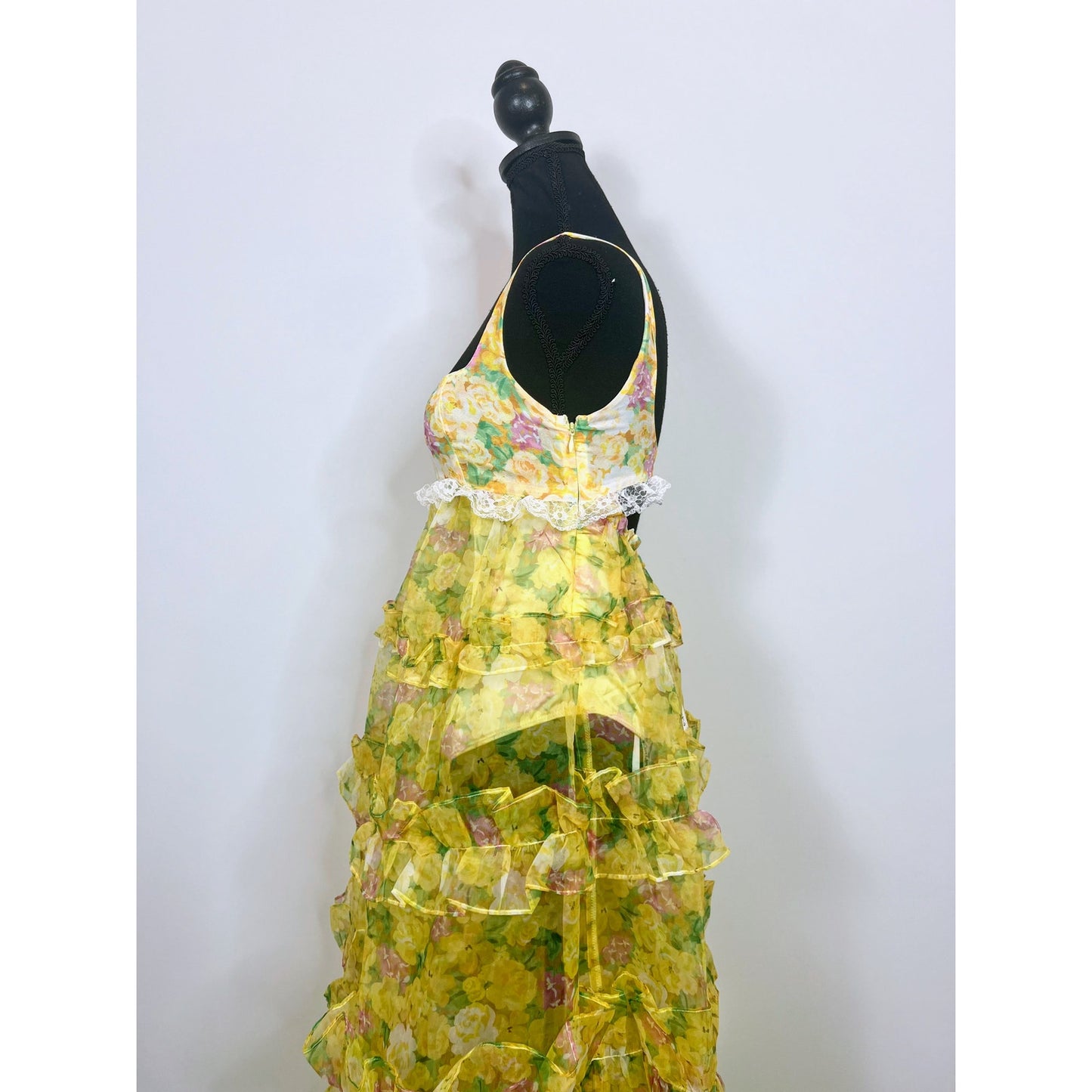 For Love & Lemons Vikki Sheer Tiered Floral Maxi Dress in Yellow Multi Size XS