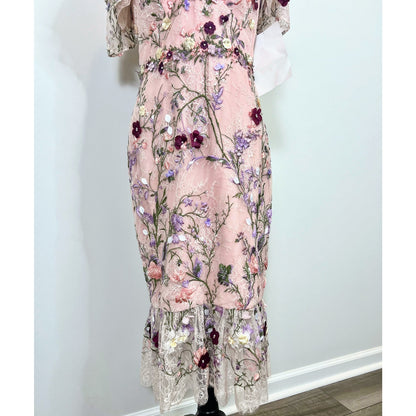 Marchesa Notte 3D Floral Embroidered Dress in Pink Size 6 Short Sleeve Lined