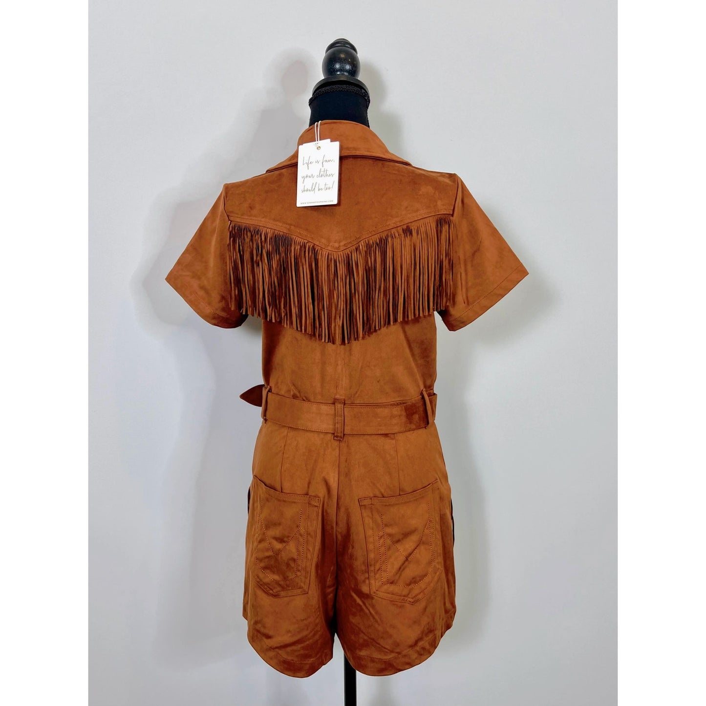 Show Me Your Mumu Outlaw Romper in Cognac Fringe Faux Suede Large Zip Front