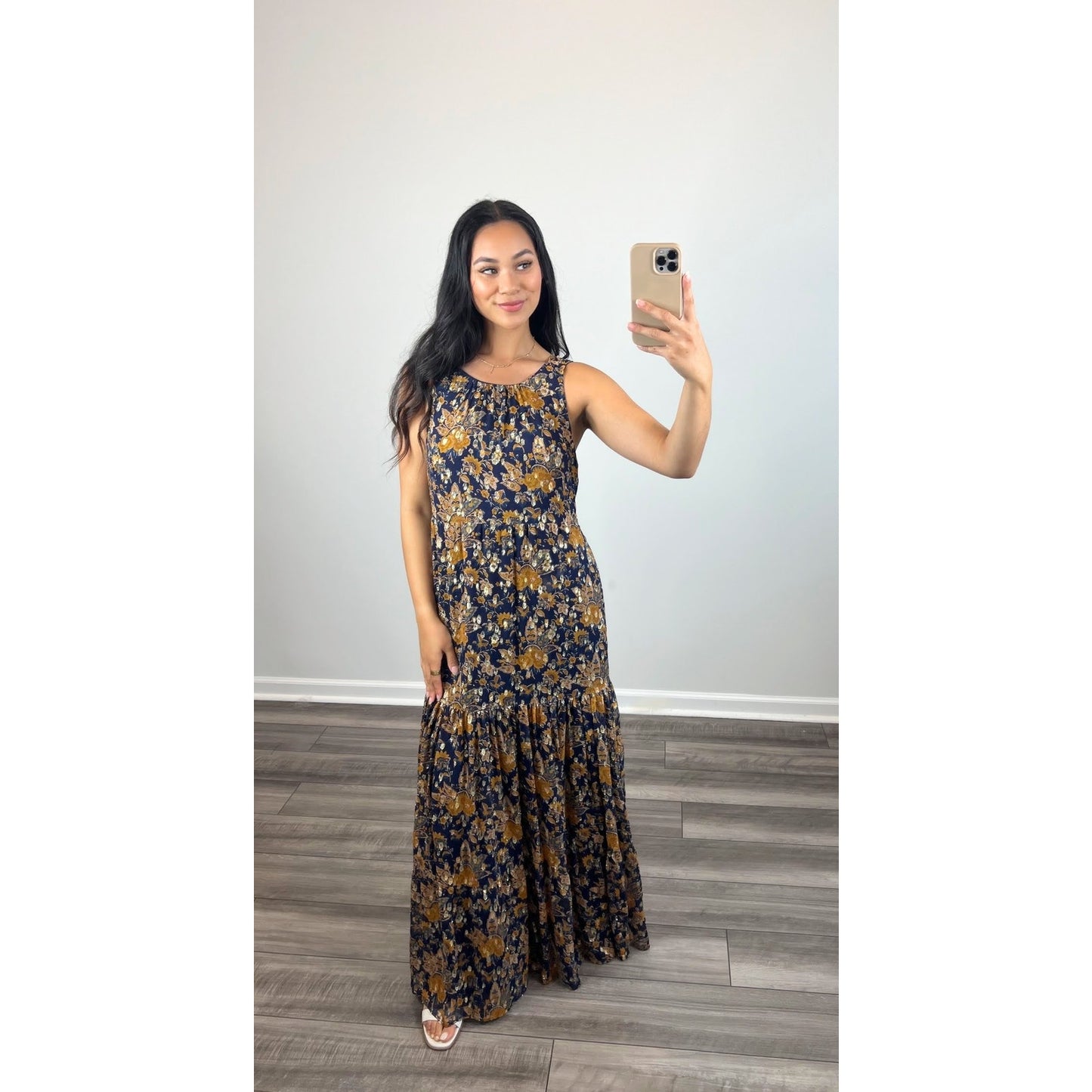 Sézane Robe Titania Maxi Dress in Doha Ochre Size 40 Floral Print Sleeveless