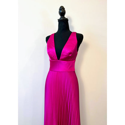 Amsale Fluid Satin Midi Dress in Fuchsia Size 2 Sleeveless Pleated Deep V-Neck