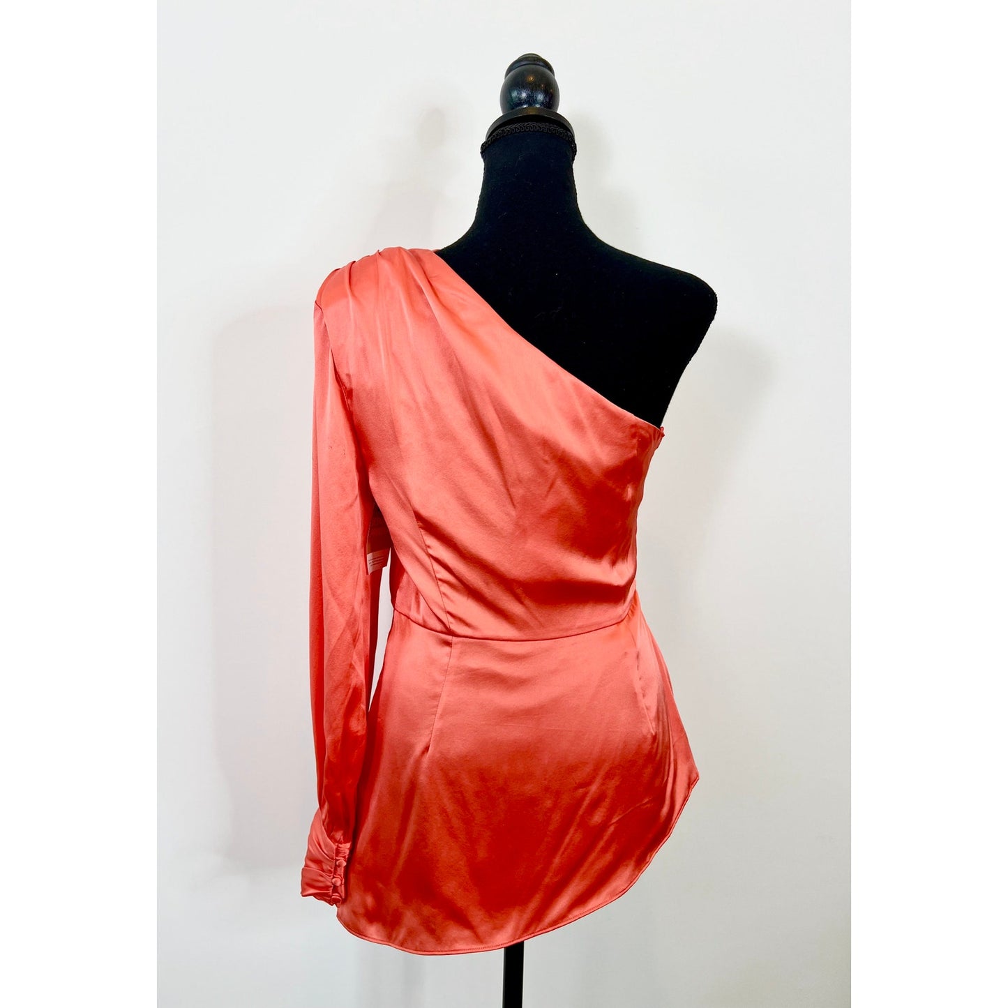 Cinq A Sept Stace Coral Satin One Shoulder Blouse Top Small Twist Knot Front