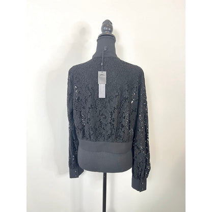 BCBG Maxazaria Lace Blouse Top in Black Large Floral Long Sleeve Lined Party