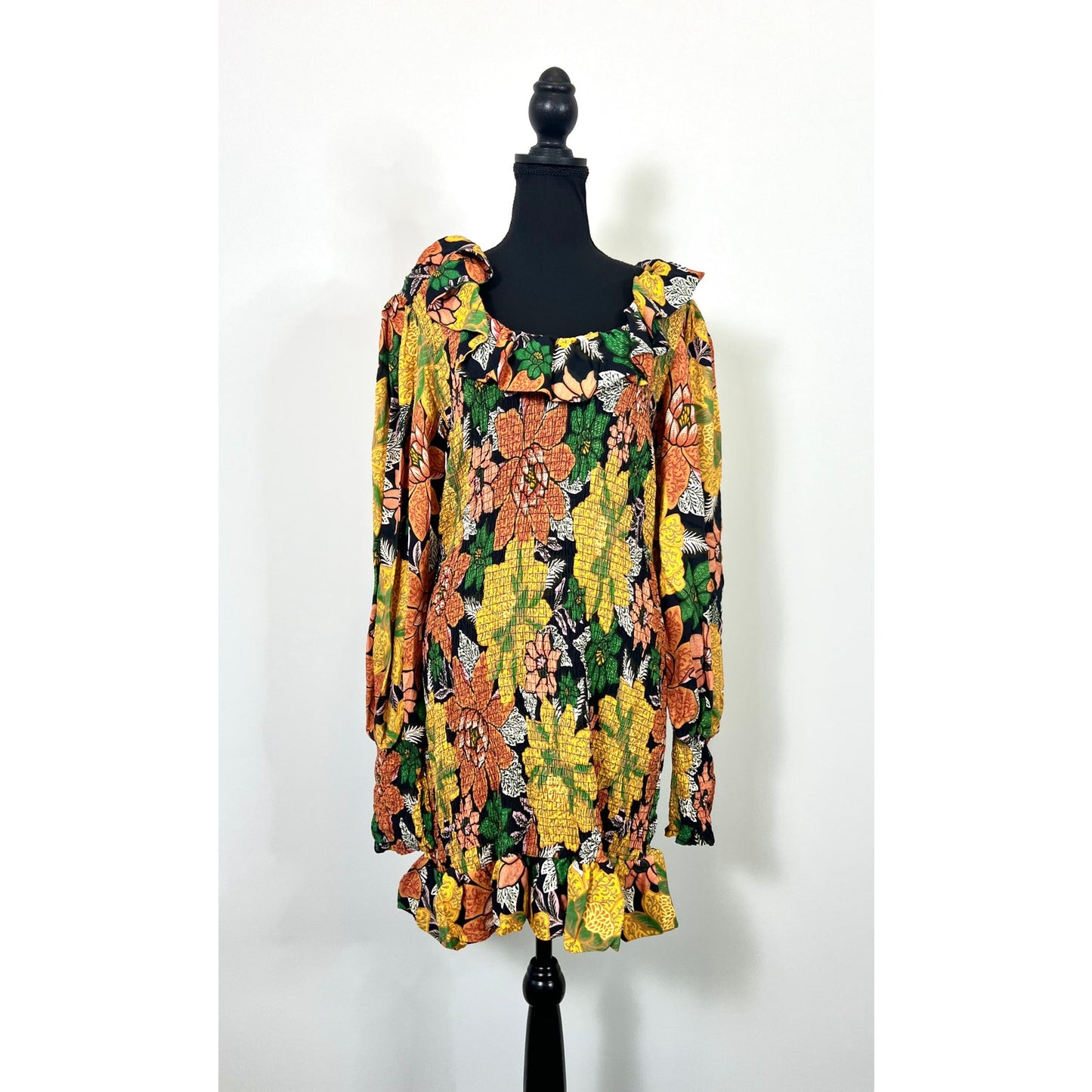 FARM Rio Black Garden Lenzing Dress in Yellow Floral Print Size XL Midi Summer