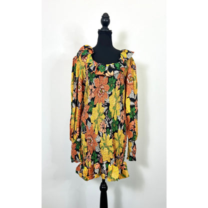 FARM Rio Black Garden Lenzing Dress in Yellow Floral Print Size XL Midi Summer