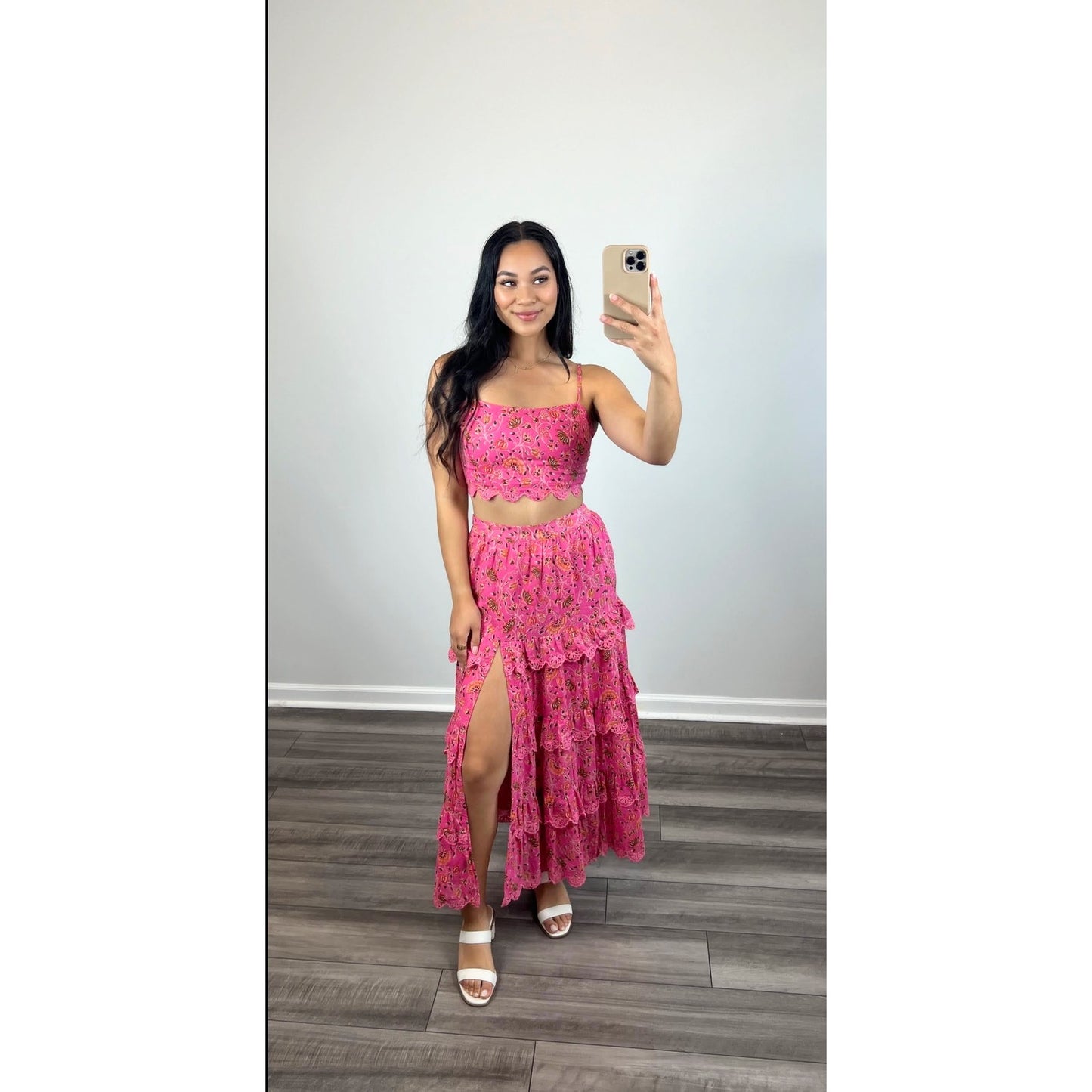 Caroline Constas 2 Piece Spaghetti Crop Top Maxi Skirt Set in Pink Multi Small