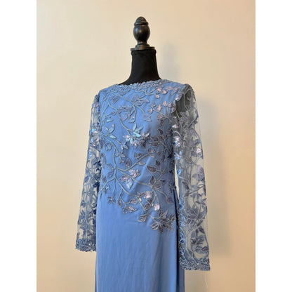 Tadashi Shoji Embroidered Sequin Lace Gown Maxi Dress in Cadet Blue Size 8 Lined