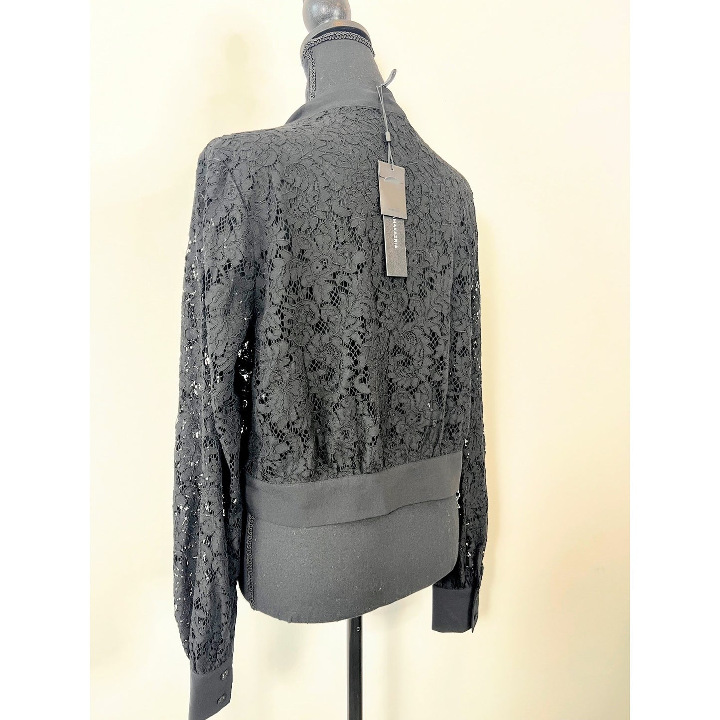 BCBG Maxazaria Lace Blouse Top in Black Large Floral Long Sleeve Lined Party