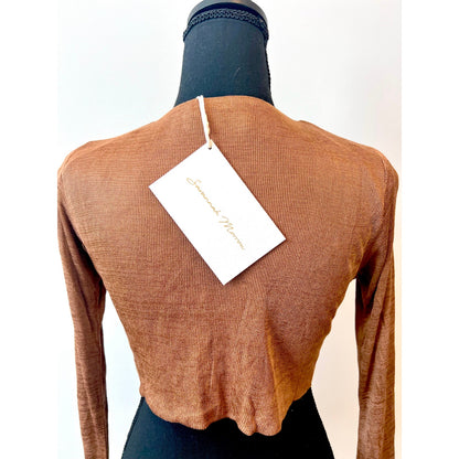 Savannah Morrow Birdie Crop Top in Cocoa Small Long Sleeve Knit Beaded Unlined