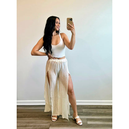 Savannah Morrow Crinkle Open Slit Pants in Ivory Size XXL Pull On Textured