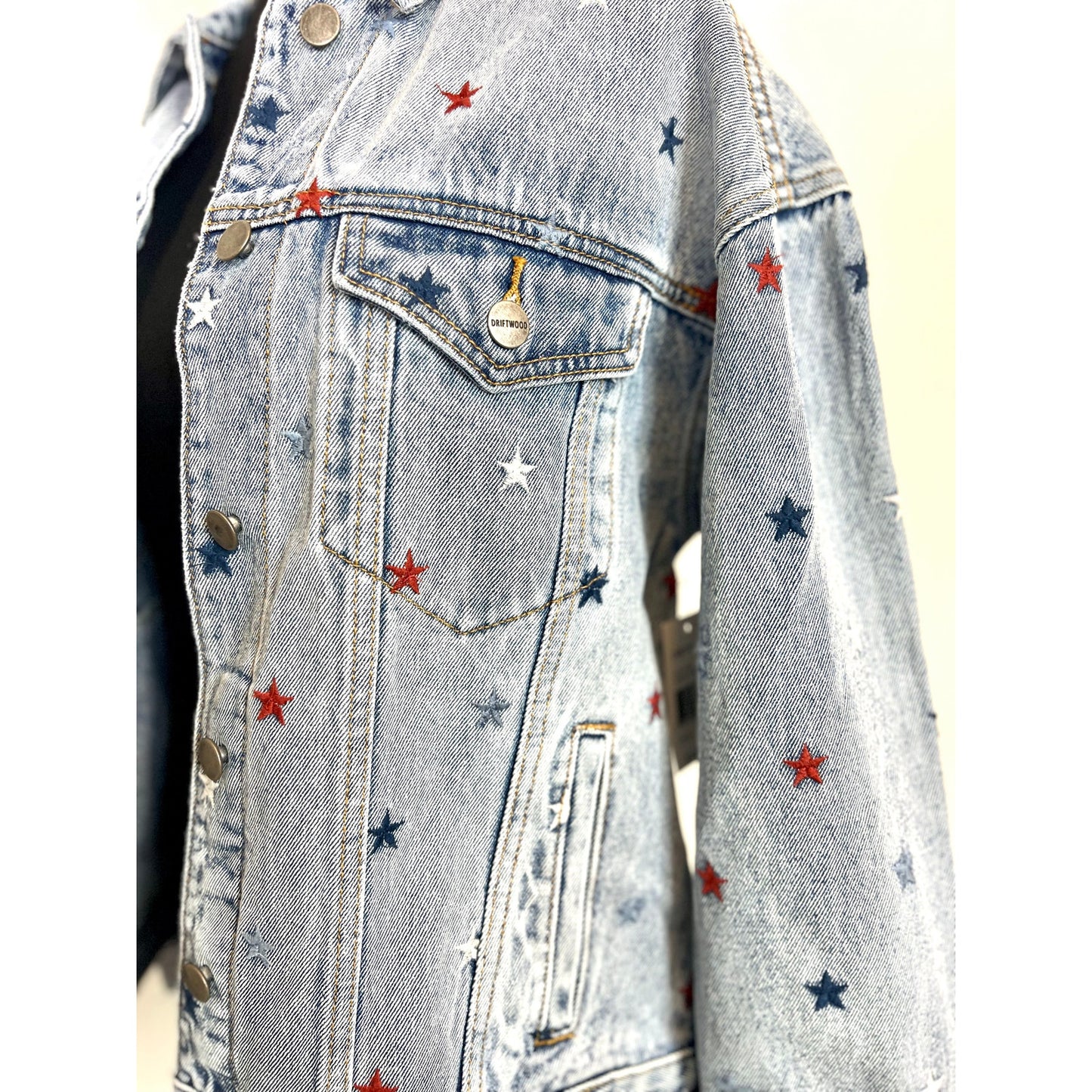 Driftwood Star Western Denim Jacket Blue Small Embroidered Button Front Cotton