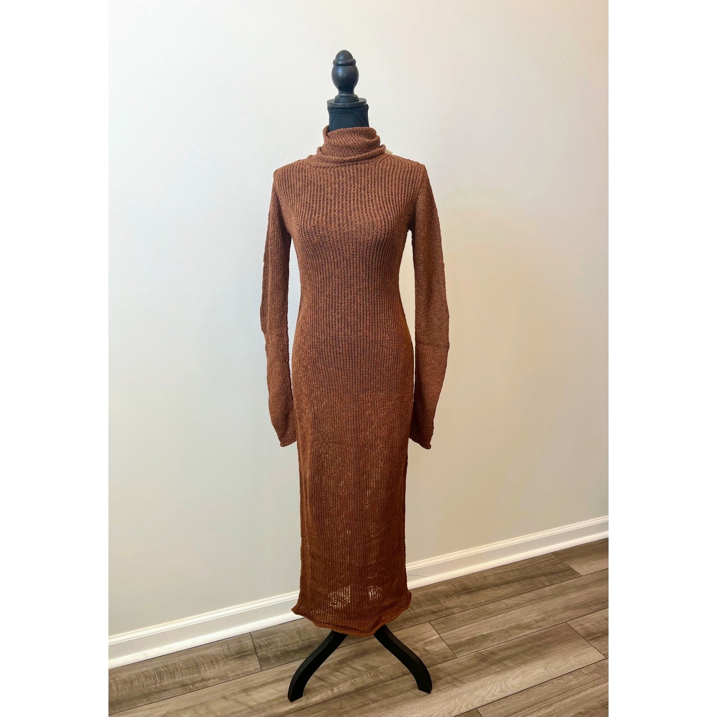 Savannah Morrow Gigi Midi Dress in Cocoa Brown Small Knit Long Sleeve Turtleneck