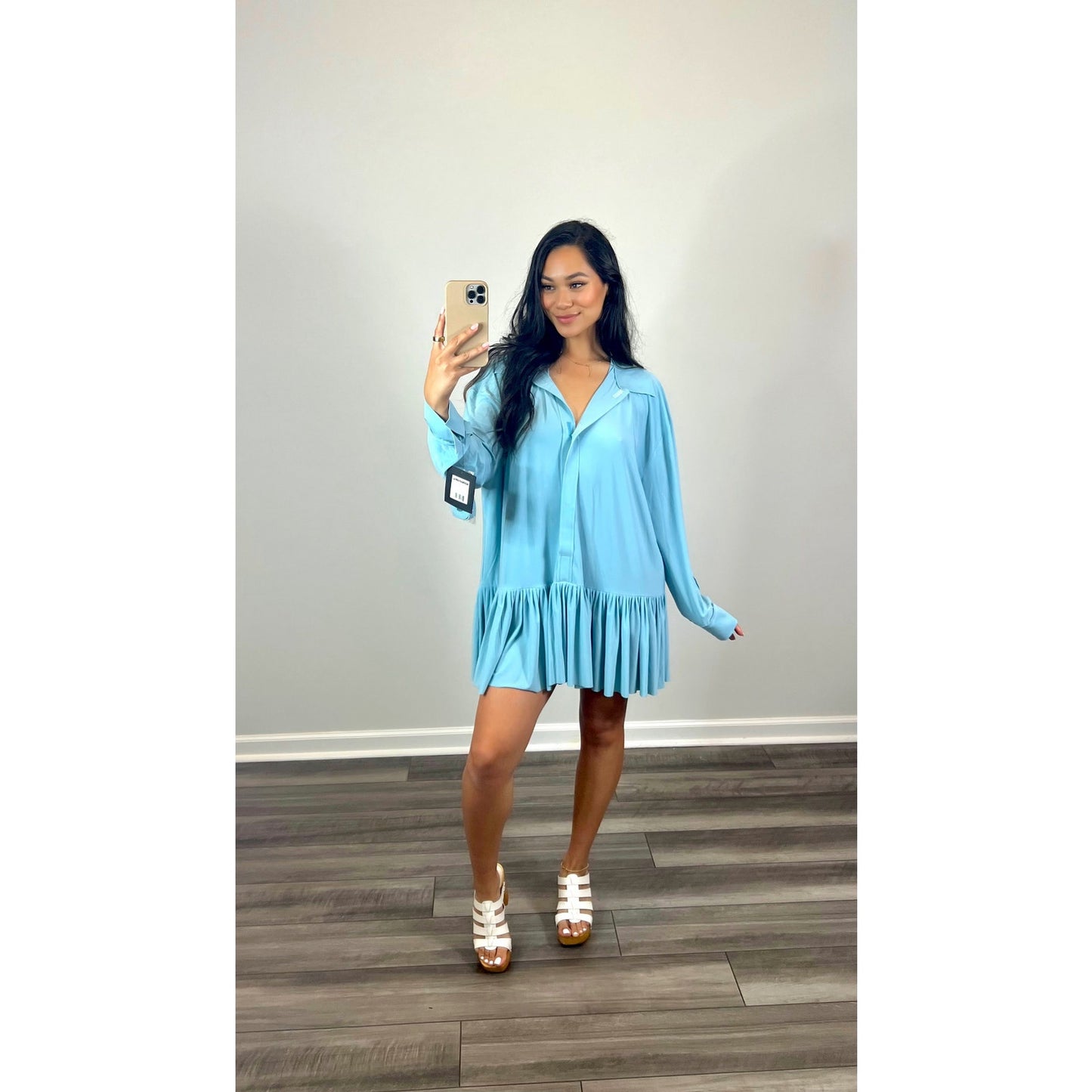 Norma Kamali Oversized Boyfriend Shirt Dress in Powder Blue Medium Ruffle Hem