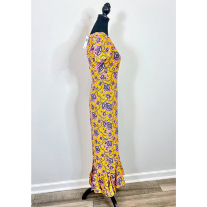 Rhode Lulani Midi Dress in Gold Lotus Printed Size 0 Floral Fluted Hem Lined