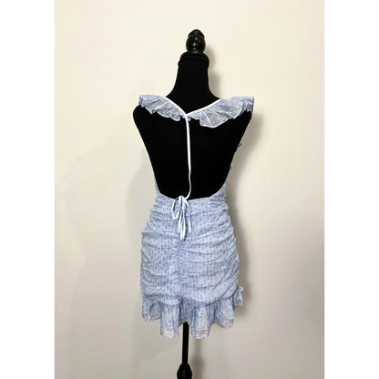 For Love & Lemons Chantal Mini Dress in Blue Small Tiered Ruffle Metallic Lined