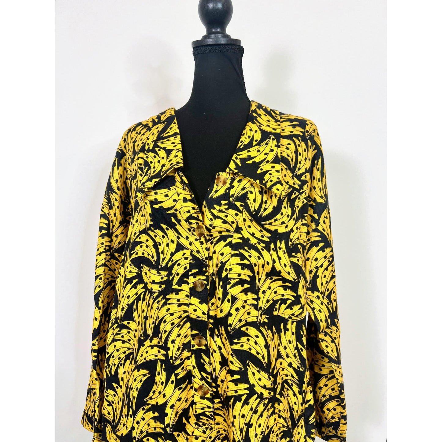 FARM Rio Spotted Bananas Romper Black/Yellow Small Long Sleeve Side Slit Linen