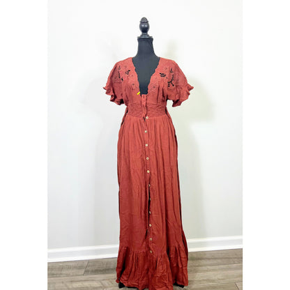 Free People Colette Maxi Dress Cinnamon Brown Size XS Floral Embroidered Lined