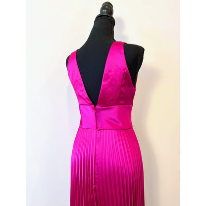 Amsale Fluid Satin Midi Dress in Fuchsia Size 2 Sleeveless Pleated Deep V-Neck