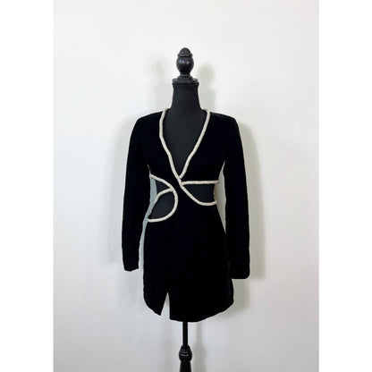 PatBO Cut Out Mini Dress With Rhinestone Trim in Black Size 2 Long Sleeve Velvet