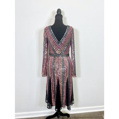 Marchessa Notte Cocktail Dress in Multicolor Striped Size 6 Sequin Lace Panel