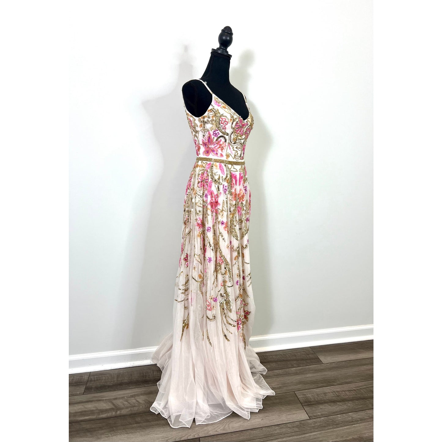 Mac Duggal Tulle Maxi Dress Gown Sz 0 Floral Embellished Cocktail Wedding Party