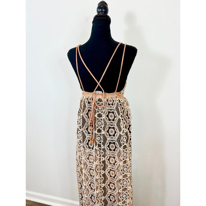 Free People Saltwater Happy Crochet Tan Coverup Maxi Dress Size XS Sleeveless