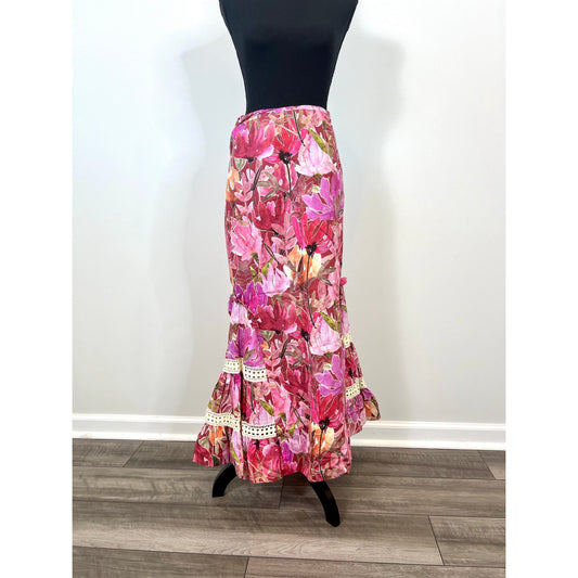 Isla & White Berta Summer Floral Caribbean Midi Skirt in Pink Multi Medium Lined