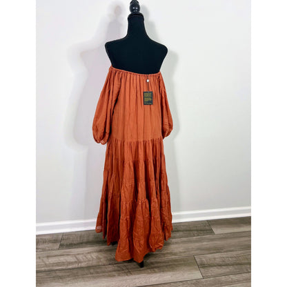 Erika Pena Brielle Puffed-Sleeve Cotton Maxi Dress S/M Tiered Pullover Lined