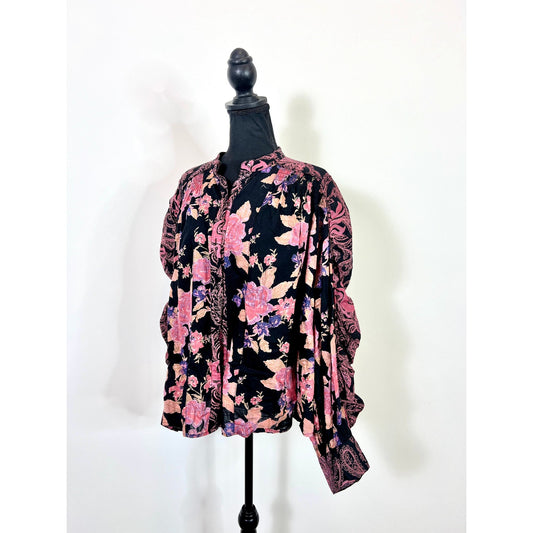 Free People Maraya Printed Top in Black Combo Medium Floral Button Front Cotton