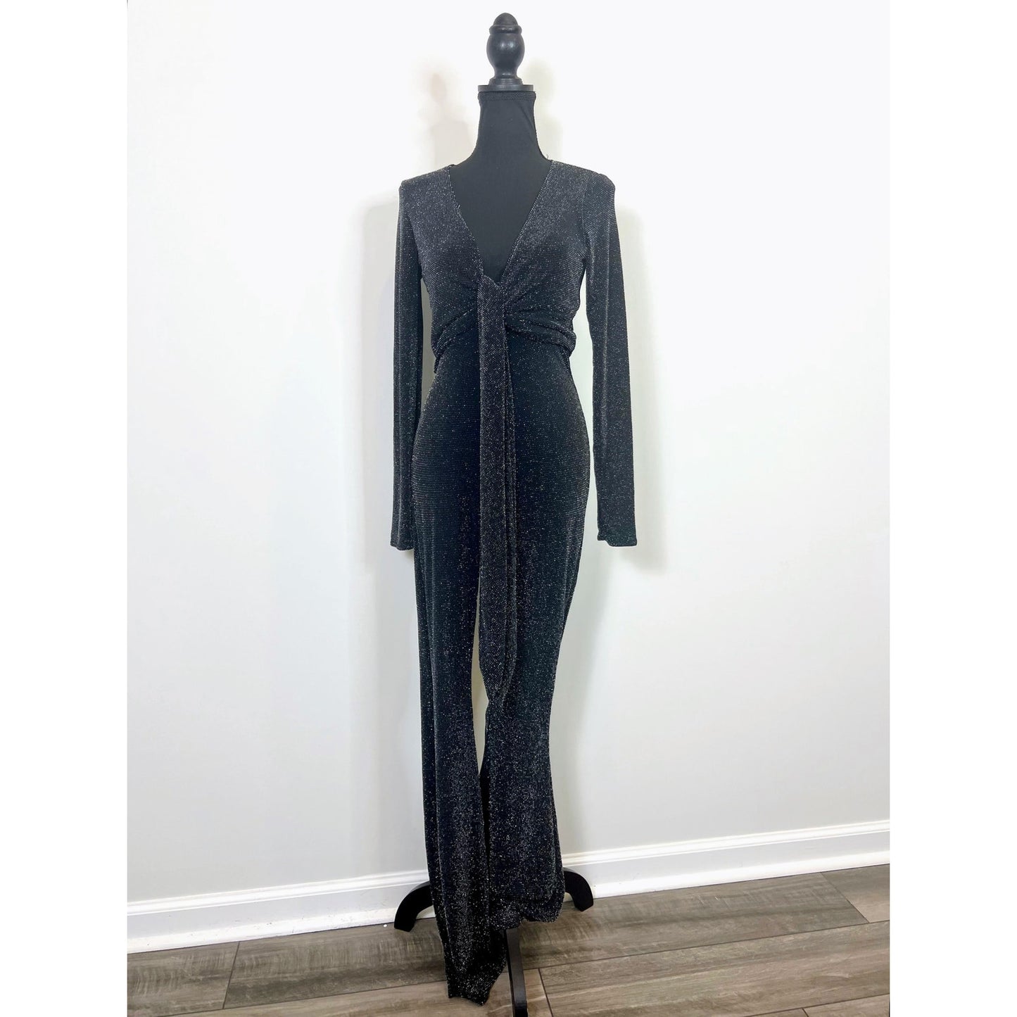 Show Me Your Mumu Martina Jumpsuit in Black Small Pull On Metallic Long Sleeve