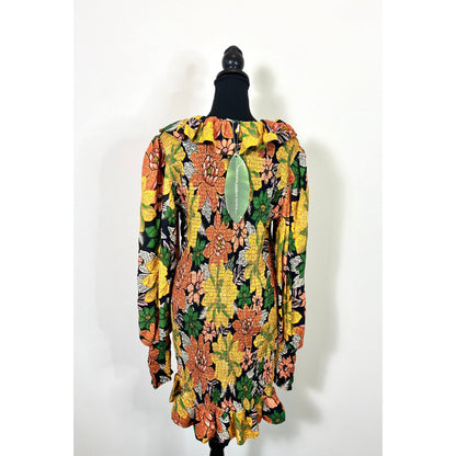 FARM Rio Black Garden Lenzing Dress in Yellow Floral Print Size XL Midi Summer