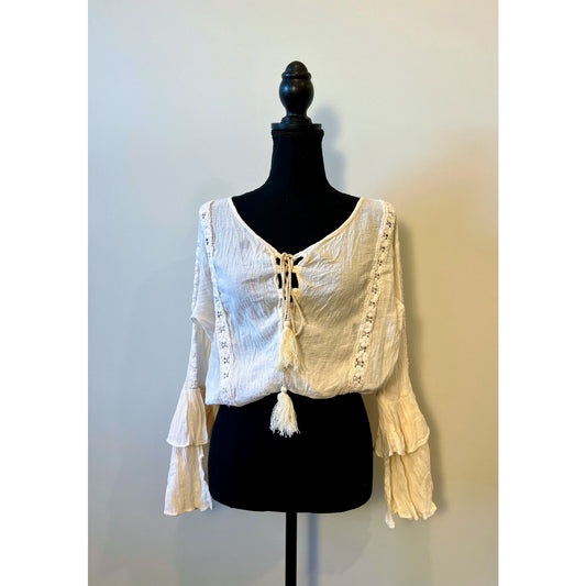 Jaded Gypsy WC Crop Top in White OS Long Sleeve Tasseled Tie Front Embroidered