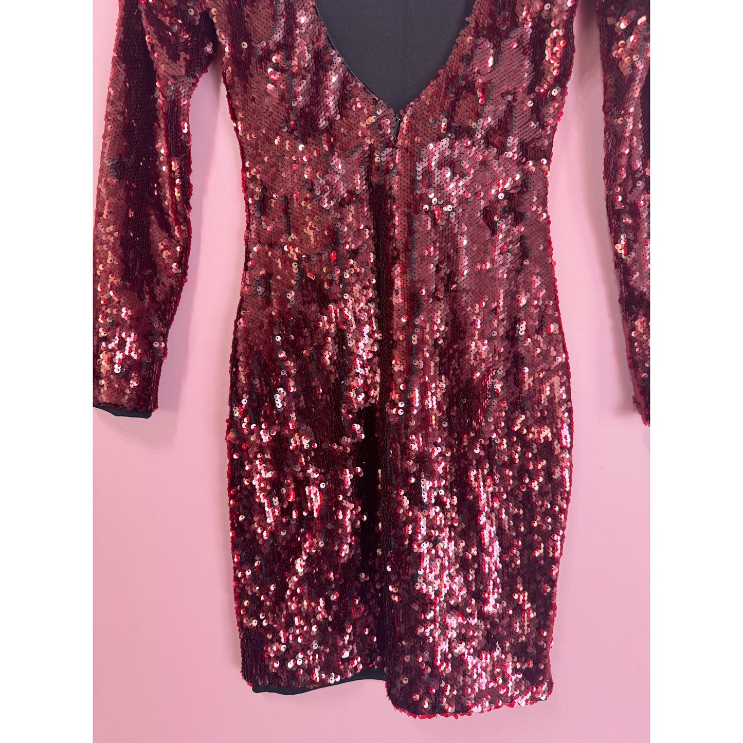 Dress The Population Lola Long Sleeve Red Sequin Mini Dress Size XS