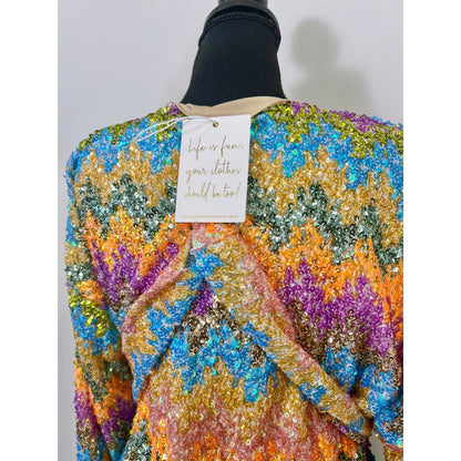 Show Me Your Mumu Sure Thing Mini Dress Wavy Sequins Sz XL Long Sleeve Colorful