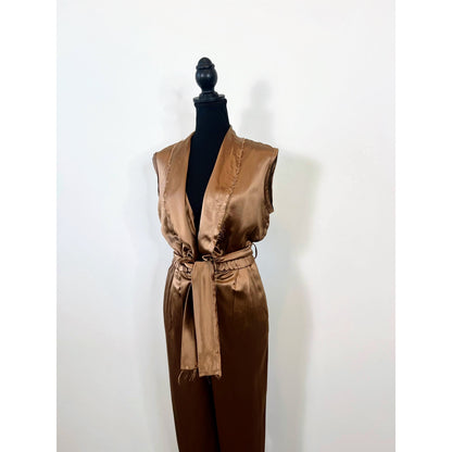 NONchalant Joey Jumpsuit in Brown Small Satin Zip Fly Waist Tie Belted Fringe